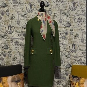Vintage Steve Fabrikant Green Wool Blend Dress - Petite - Gold Button Detail